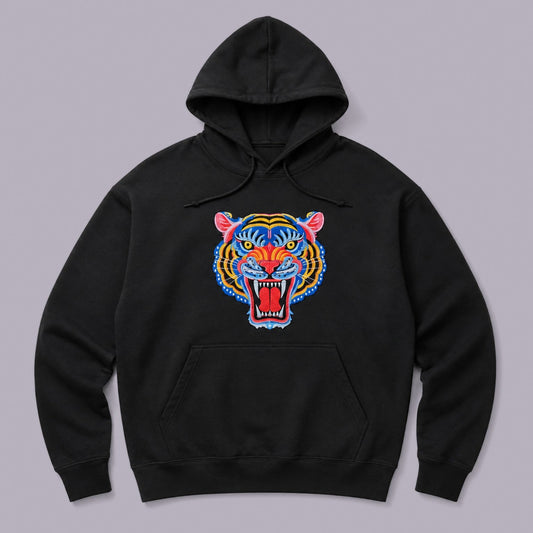 Tiger Embroidered Hoodie — Black — product view on grey-purple background