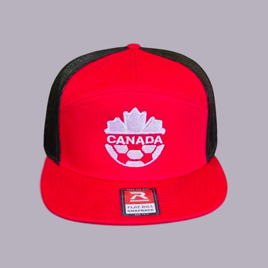 Canada Soccer Embroidered Flat Bill Snapback — Red & Black — product view on grey-purple background