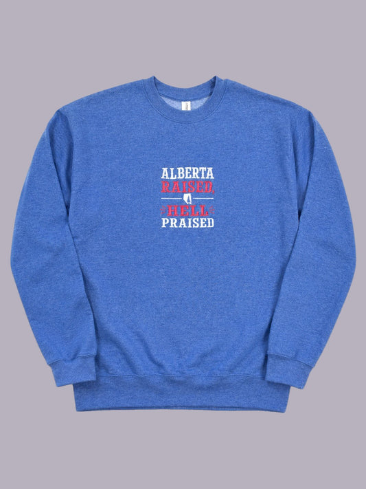 Alberta Raised, Hell Praised Embroidered Crewneck — Blue — product view on grey-purple background