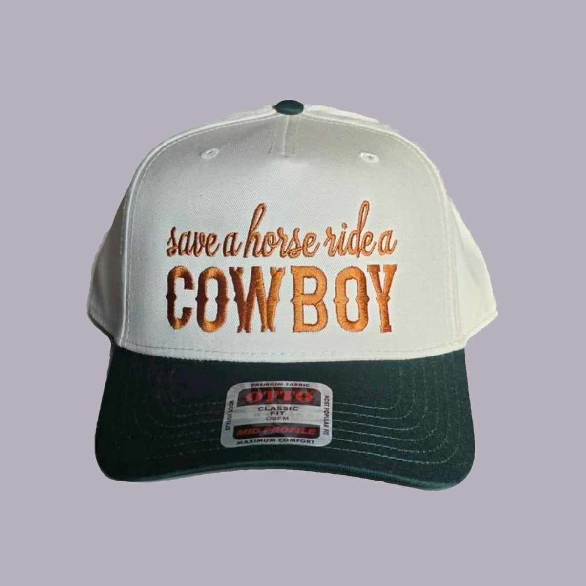 Save a Horse Ride a Cowboy Embroidered Hat — product view on grey-purple background