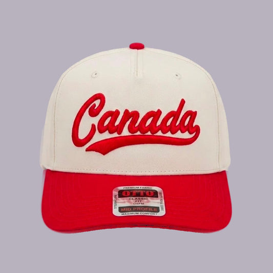 Canada Script Snapback Hat — Cream & Red 3D Puff Embroidered Cap — product view on grey-purple background