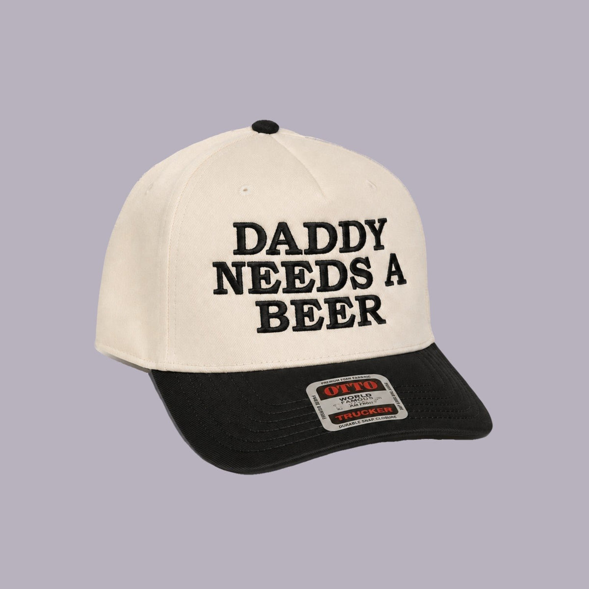 Daddy Needs a Beer Embroidered Hat — product view on grey-purple background