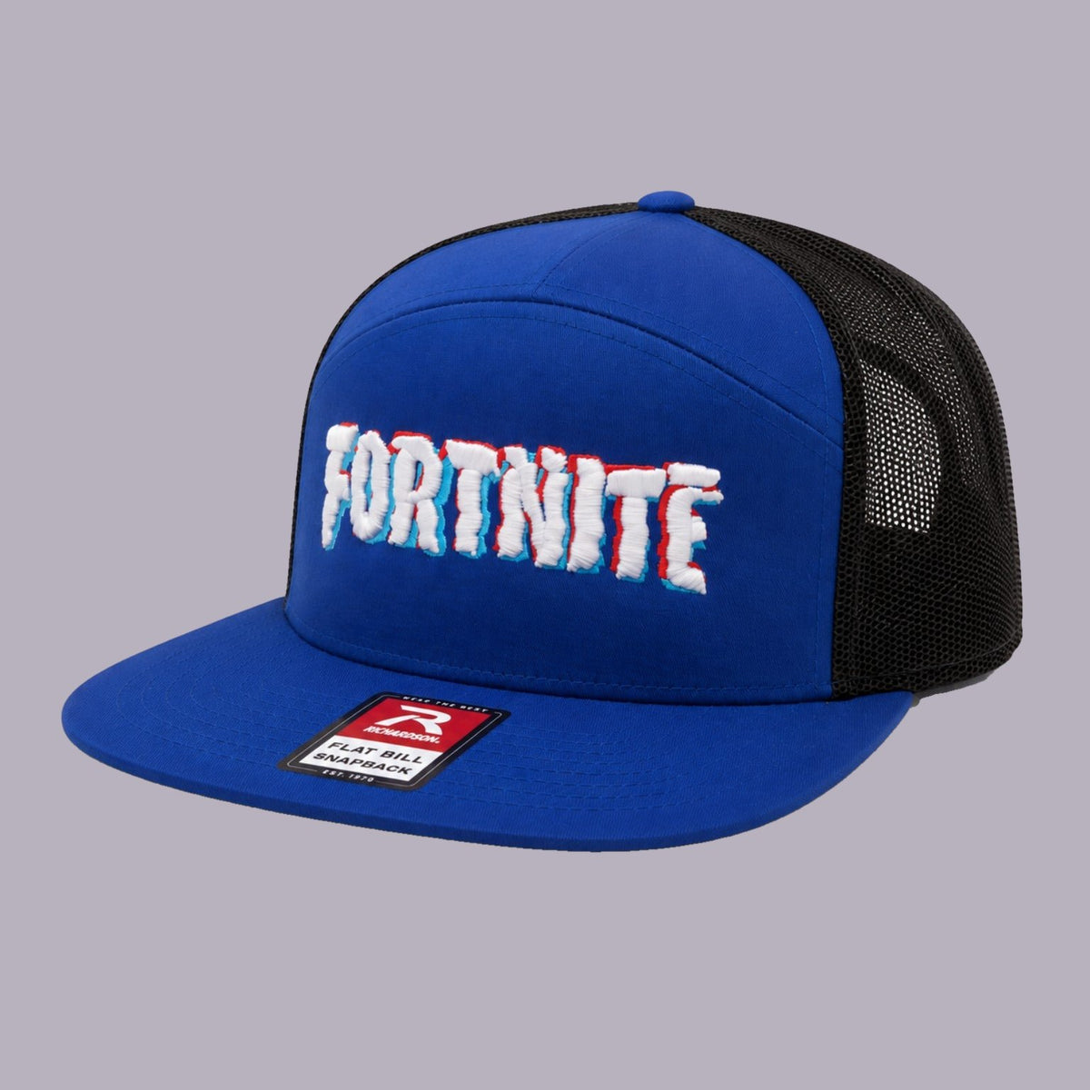 Fortnite Embroidered Flat Bill Snapback — Blue & Black — product view on grey-purple background