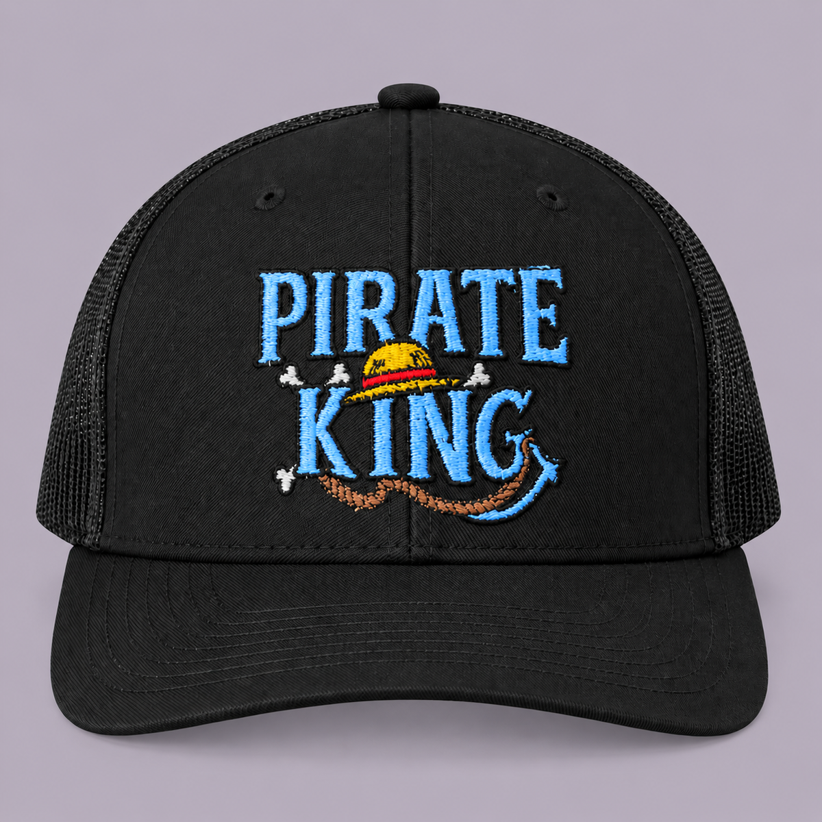 Black Pirate King Richardson 112 trucker hat with blue embroidered lettering and yellow straw hat detail