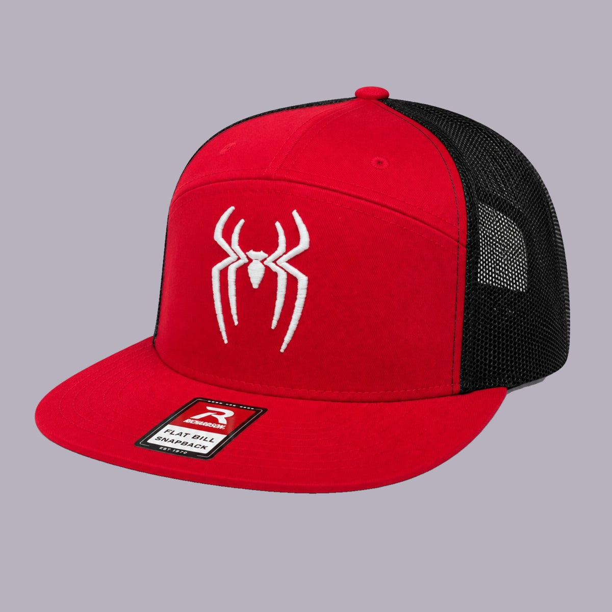 3D Puff Spider Embroidered Flat Bill Snapback — product view on grey-purple background