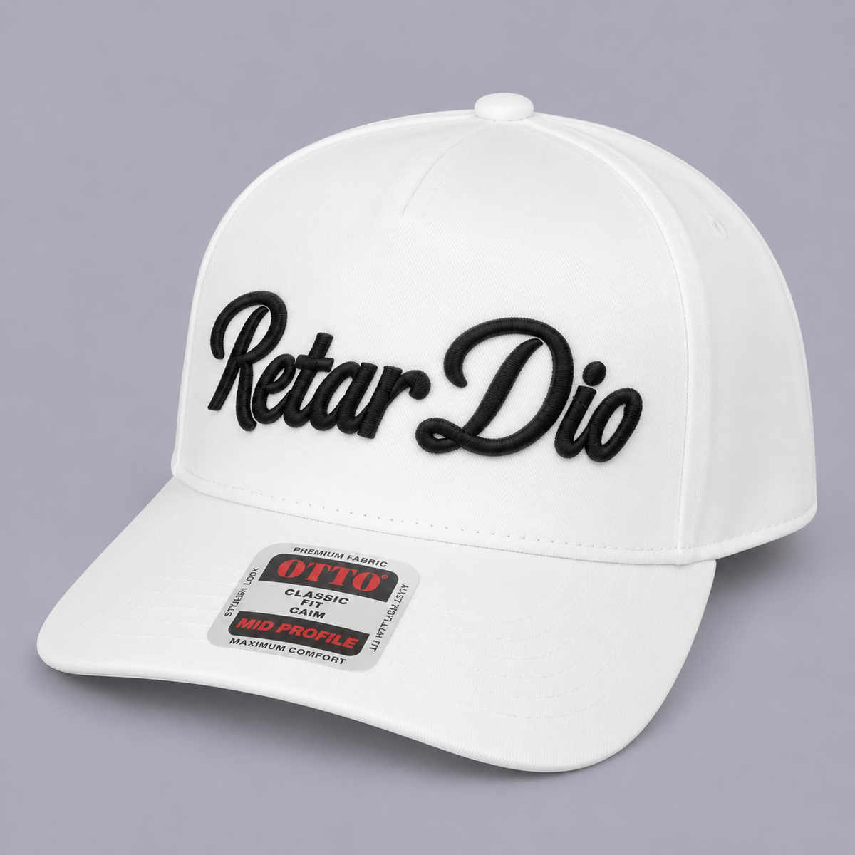 White Retar Dio hat with black 3D puff embroidery, angled view