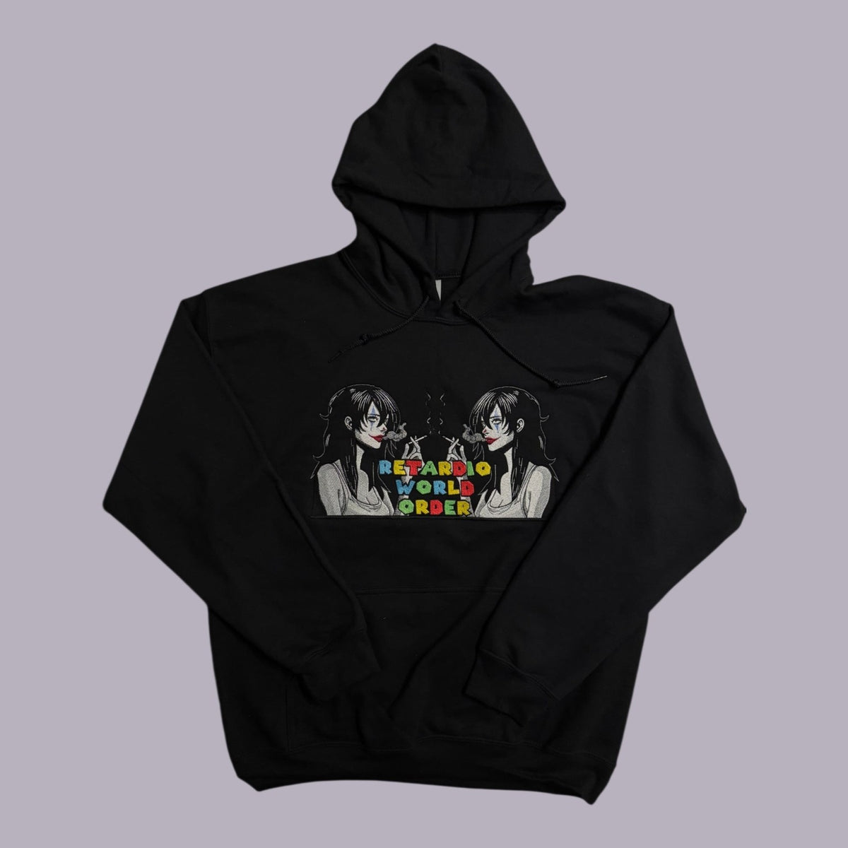 RWO black hoodie with Retardio World Order embroidery, mirrored illustrated characters and colourful lettering