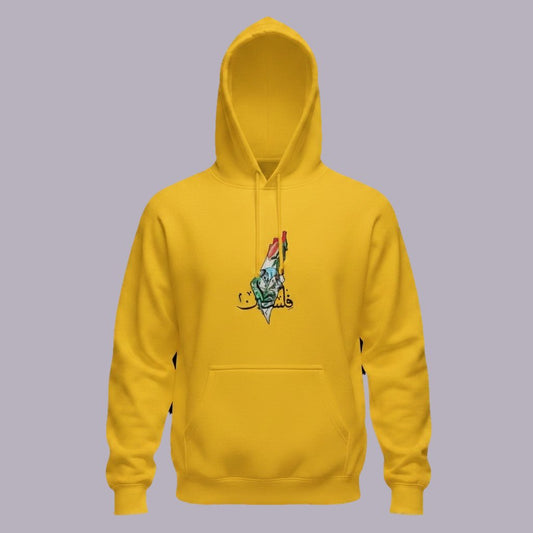 Palestine Map Embroidered Hoodie | فلسطين Arabic Calligraphy — product view on grey-purple background