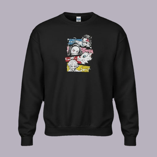 Demon Slayer Embroidered Crewneck Sweatshirt | Tanjiro, Nezuko & Zenitsu — product view on grey-purple background