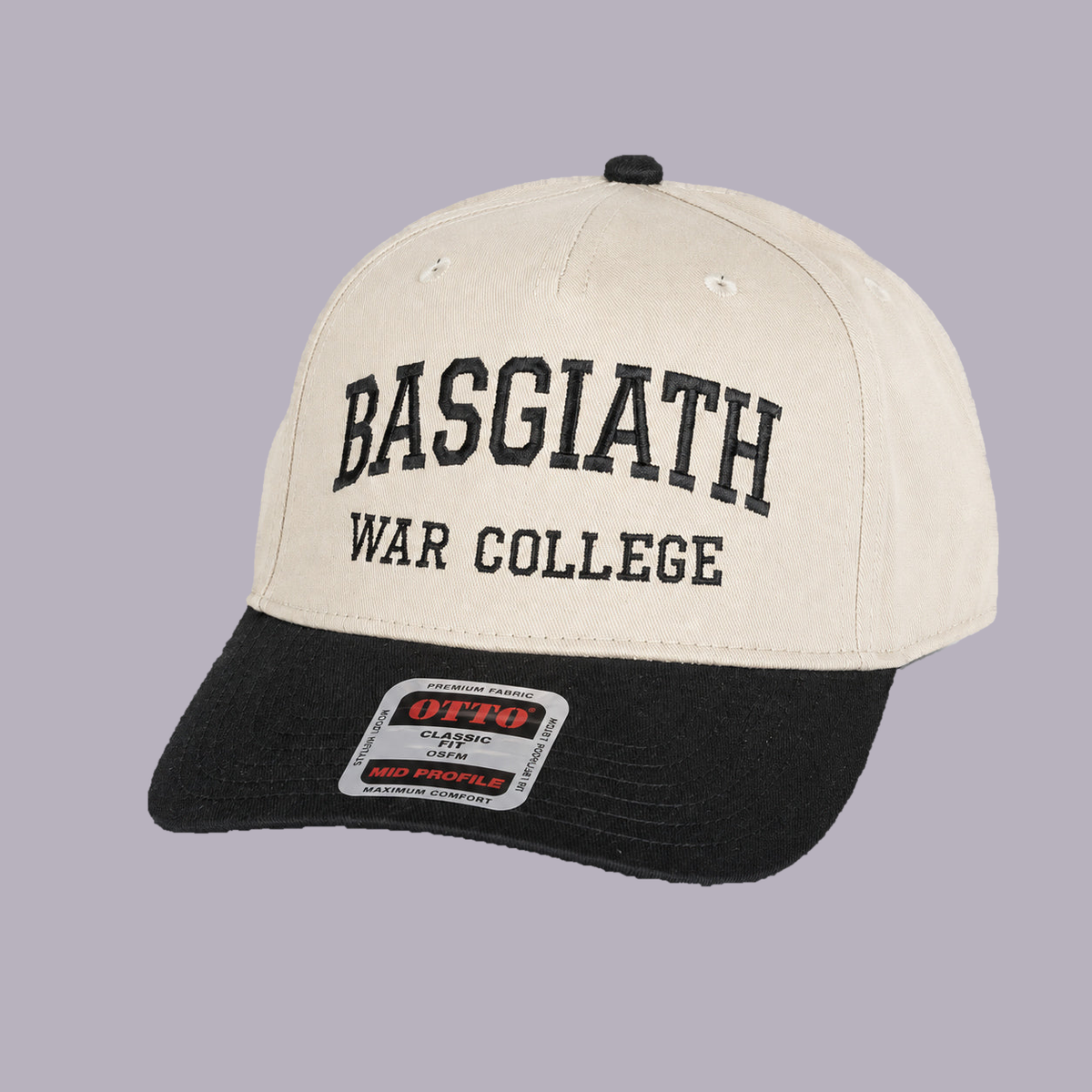 Basgiath War College Snapback Hat — Cream & Black Varsity Embroidered Cap — product view on grey-purple background
