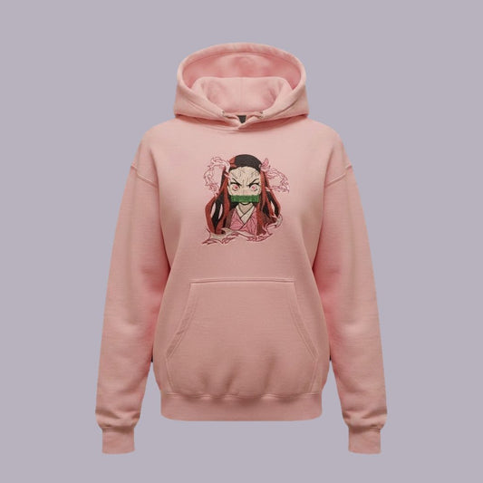 Nezuko Demon Form Embroidered Hoodie | Demon Slayer — product view on grey-purple background