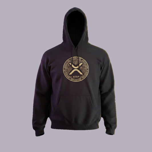 XRP Ripple Circuit Coin Embroidered Hoodie (Gildan or Champion) — product view on grey-purple background