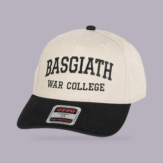 Basgiath War College Snapback Hat — Cream & Black Varsity Embroidered Cap — product view on grey-purple background