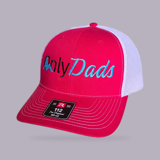 Only Dads Embroidered Trucker Hat — Red & White Richardson 112 — product view on grey-purple background