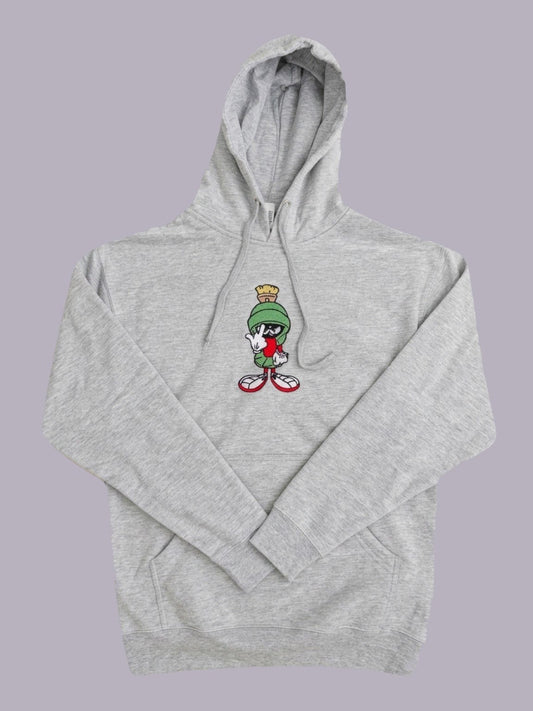 Marvin the Martian Embroidered Hoodie — Heather Grey — product view on grey-purple background