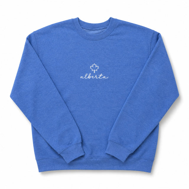 Alberta Maple Leaf Embroidered Crewneck — Blue