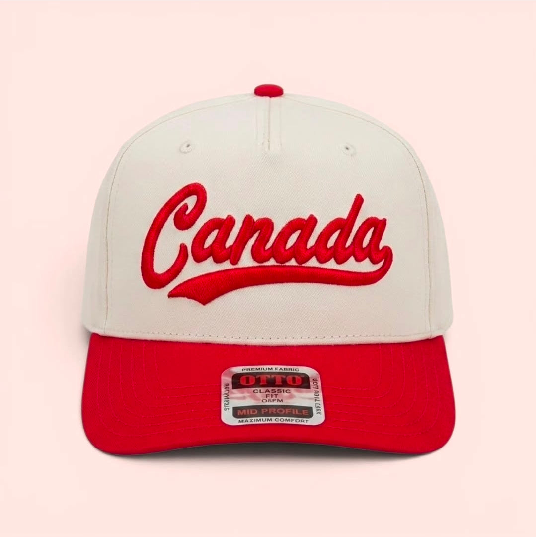 Cream and red Canada script snapback hat with red 3D puff embroidery