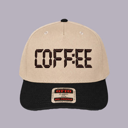 Coffee Embroidered Snapback Hat — Cream & Black — product view on grey-purple background