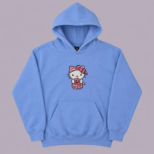 Blue youth hoodie with pink Hello Kitty mummy embroidery holding a pumpkin