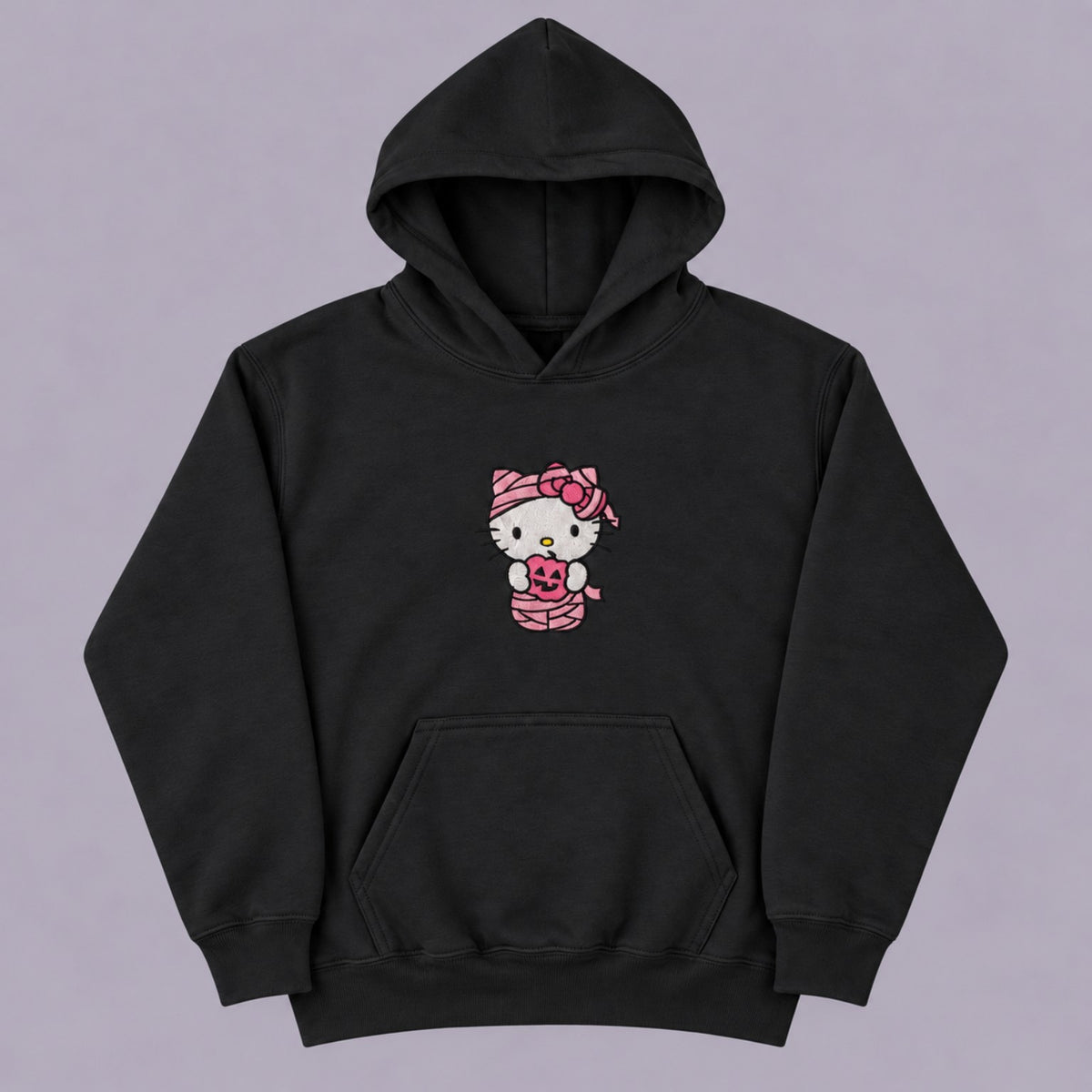 Black Gildan 18500B youth hoodie with pink Hello Kitty mummy embroidery