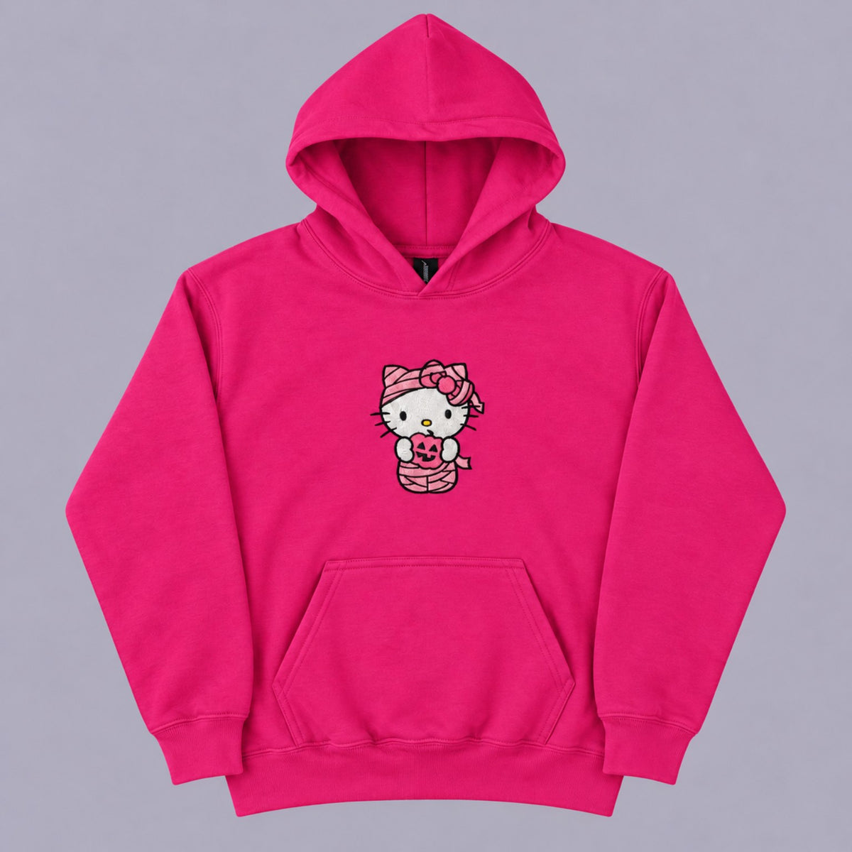 Hot Pink Gildan 18500B youth hoodie with pink Hello Kitty mummy embroidery