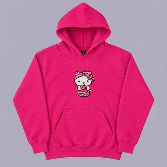 Hot Pink Gildan 18500B youth hoodie with pink Hello Kitty mummy embroidery