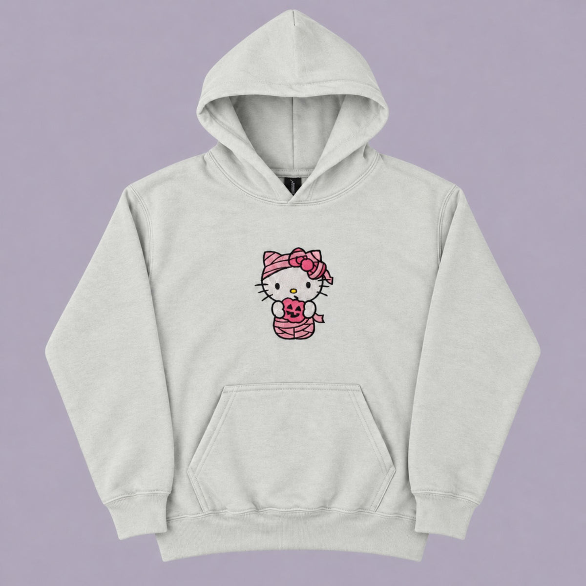 White Gildan 18500B youth hoodie with pink Hello Kitty mummy embroidery