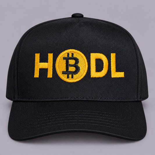 Front view of black HODL Bitcoin embroidered hat with golden yellow lettering