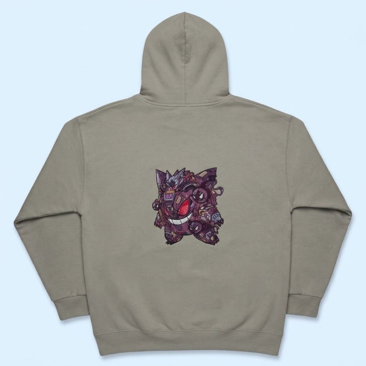 Back view of earth-tone Mecha Gengar embroidered hoodie