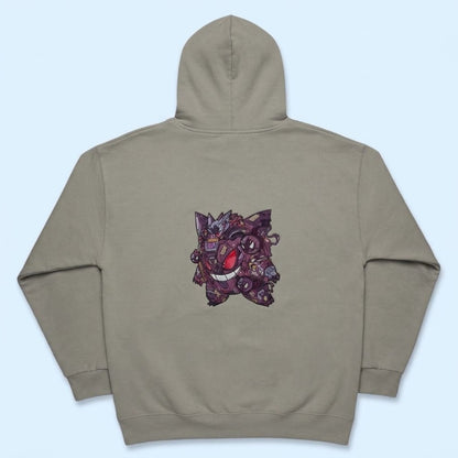 Back view of earth-tone Mecha Gengar embroidered hoodie