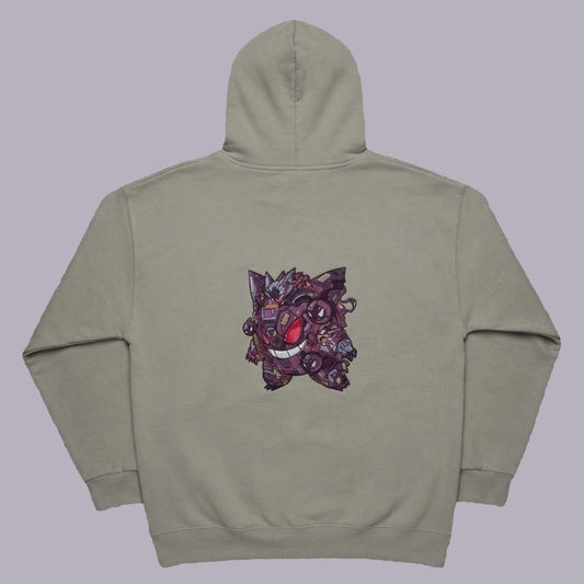 Back view of earth-tone Mecha Gengar embroidered hoodie