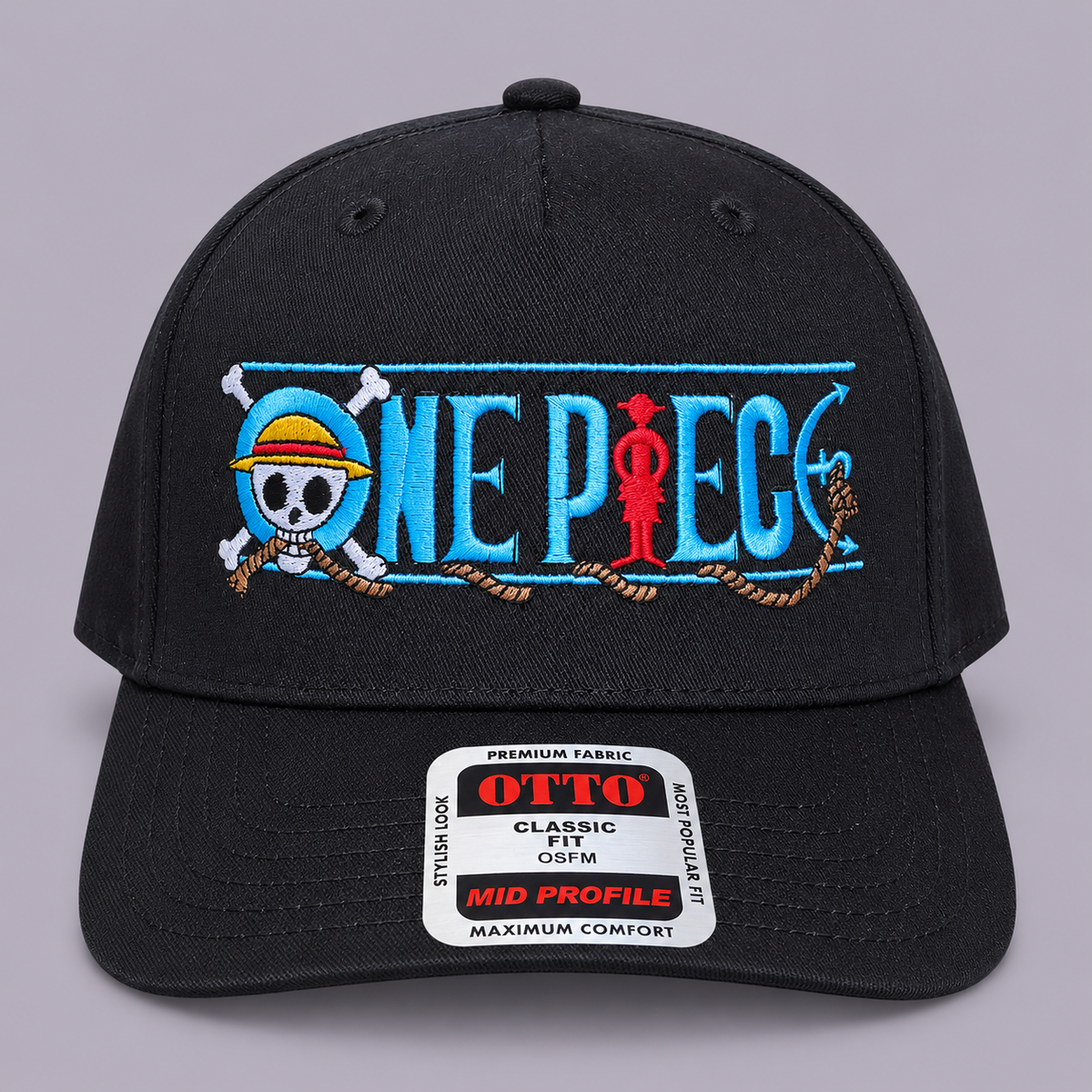 Front view of black OTTO mid-profile hat with colourful One Piece embroidery