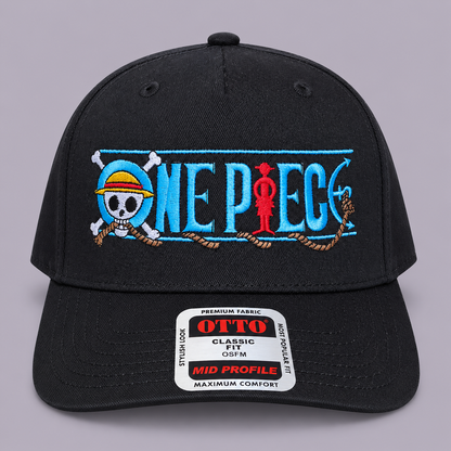Front view of black OTTO mid-profile hat with colourful One Piece embroidery