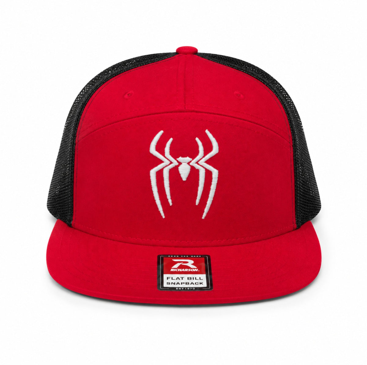 Red and black flat bill snapback with white spider embroidery, front view