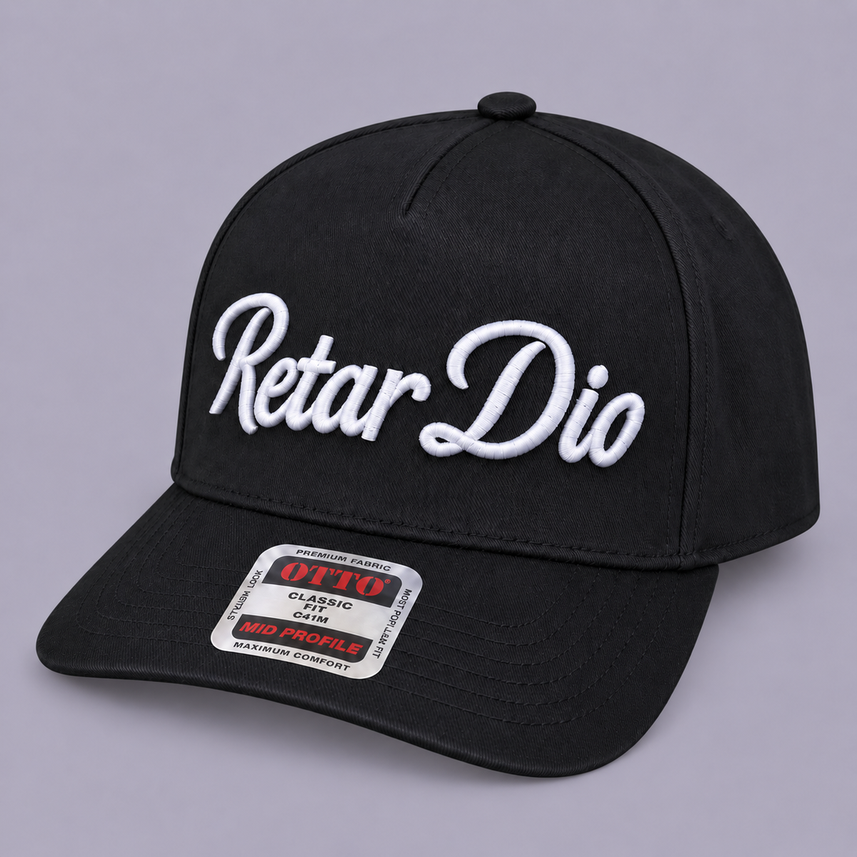 Black Retar Dio hat with white 3D puff embroidery, angled view
