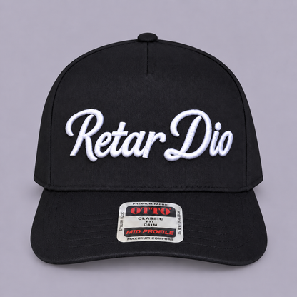 Black Retar Dio hat with white 3D puff embroidery, front view