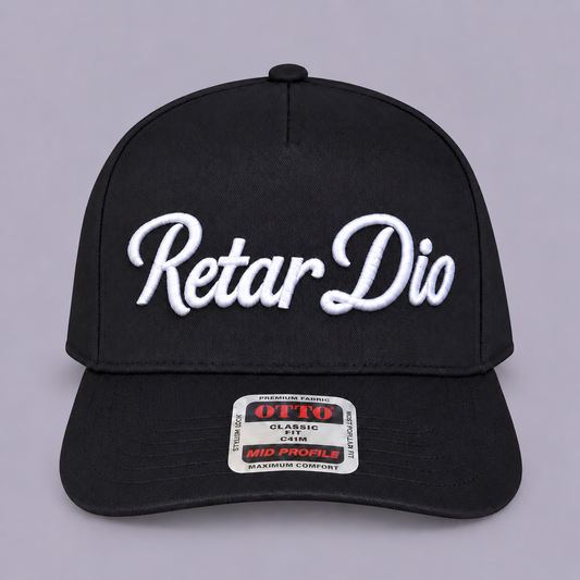 Black Retar Dio hat with white 3D puff embroidery, front view