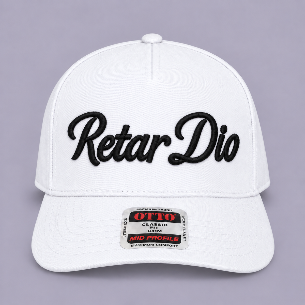 White Retar Dio hat with black 3D puff embroidery, front view