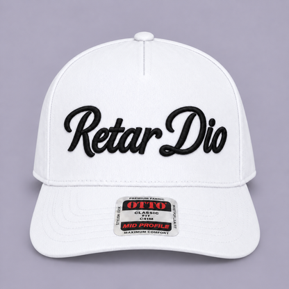 White Retar Dio hat with black 3D puff embroidery, front view