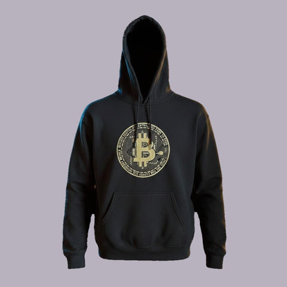 Bitcoin Circuit Coin Embroidered Hoodie (Gildan or Champion) — product view on grey-purple background