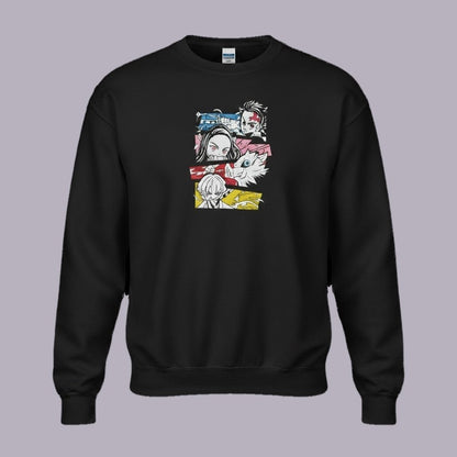 Demon Slayer Embroidered Crewneck Sweatshirt | Tanjiro, Nezuko & Zenitsu — product view on grey-purple background