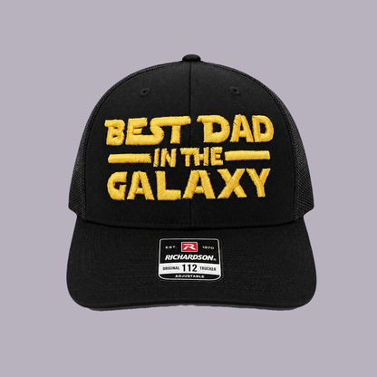 Best Dad in the Galaxy Snapback — product view on grey-purple background