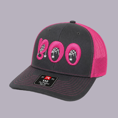 3D Puff Embroidered "BOO" Halloween Snapback Hat - Richardson 112 — product view on grey-purple background