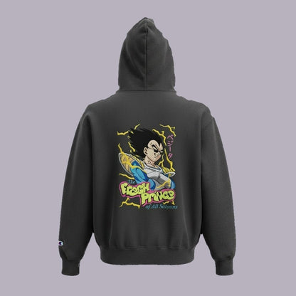 Vegeta Fresh Prince Embroidered Hoodie — product view on grey-purple background