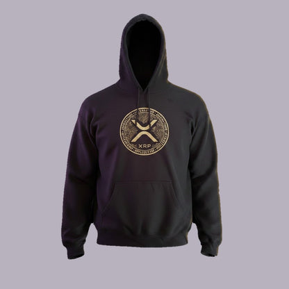 XRP Ripple Circuit Coin Embroidered Hoodie (Gildan or Champion) — product view on grey-purple background