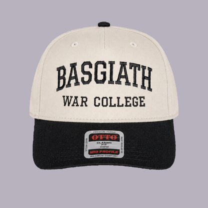 Basgiath War College Snapback Hat — Cream & Black Varsity Embroidered Cap — product view on grey-purple background
