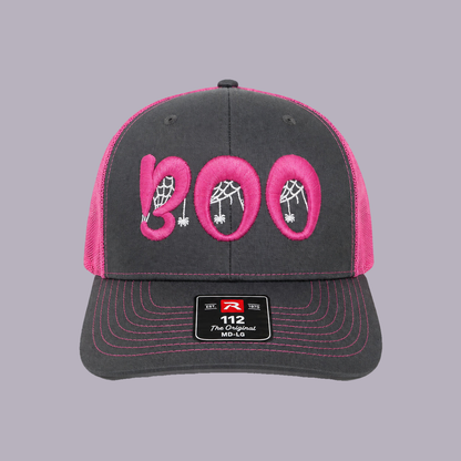 3D Puff Embroidered "BOO" Halloween Snapback Hat - Richardson 112 — product view on grey-purple background