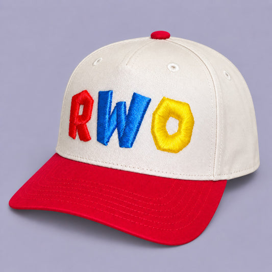 Angled view of cream and red RWO cap with multicolour raised 3D puff embroidery