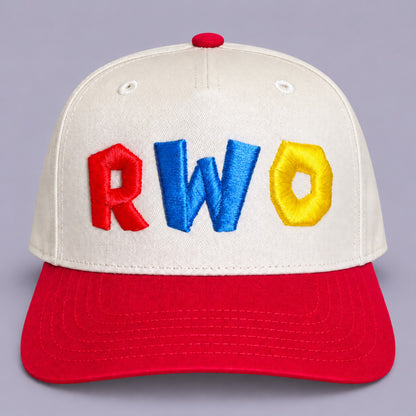 Cream and red RWO cap with red, blue and yellow 3D puff embroidery, front view