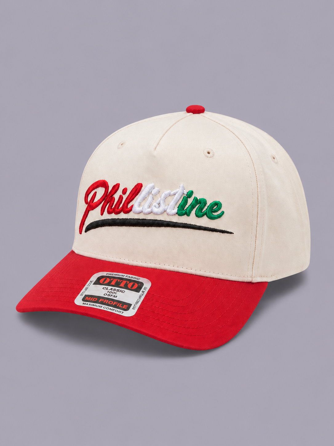Phillistine cream and red OTTO hat with tricolour 3D puff embroidery and black underline, angled view
